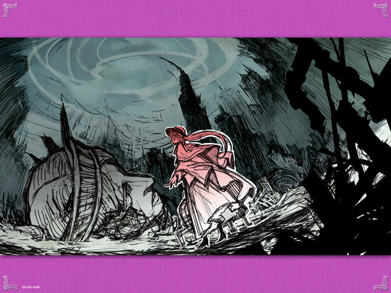 Character in a ruined city