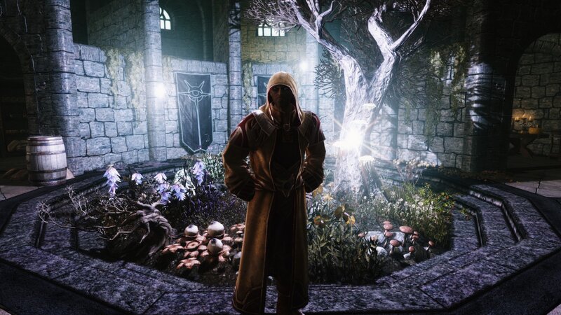 character in a stone courtyard