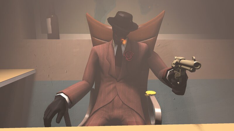 character in a suit holding a gun