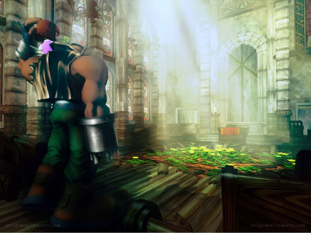 Character in a sunlit cathedral