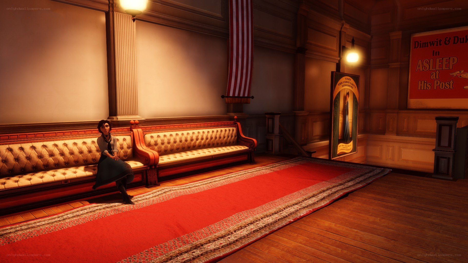 character in a theater lobby