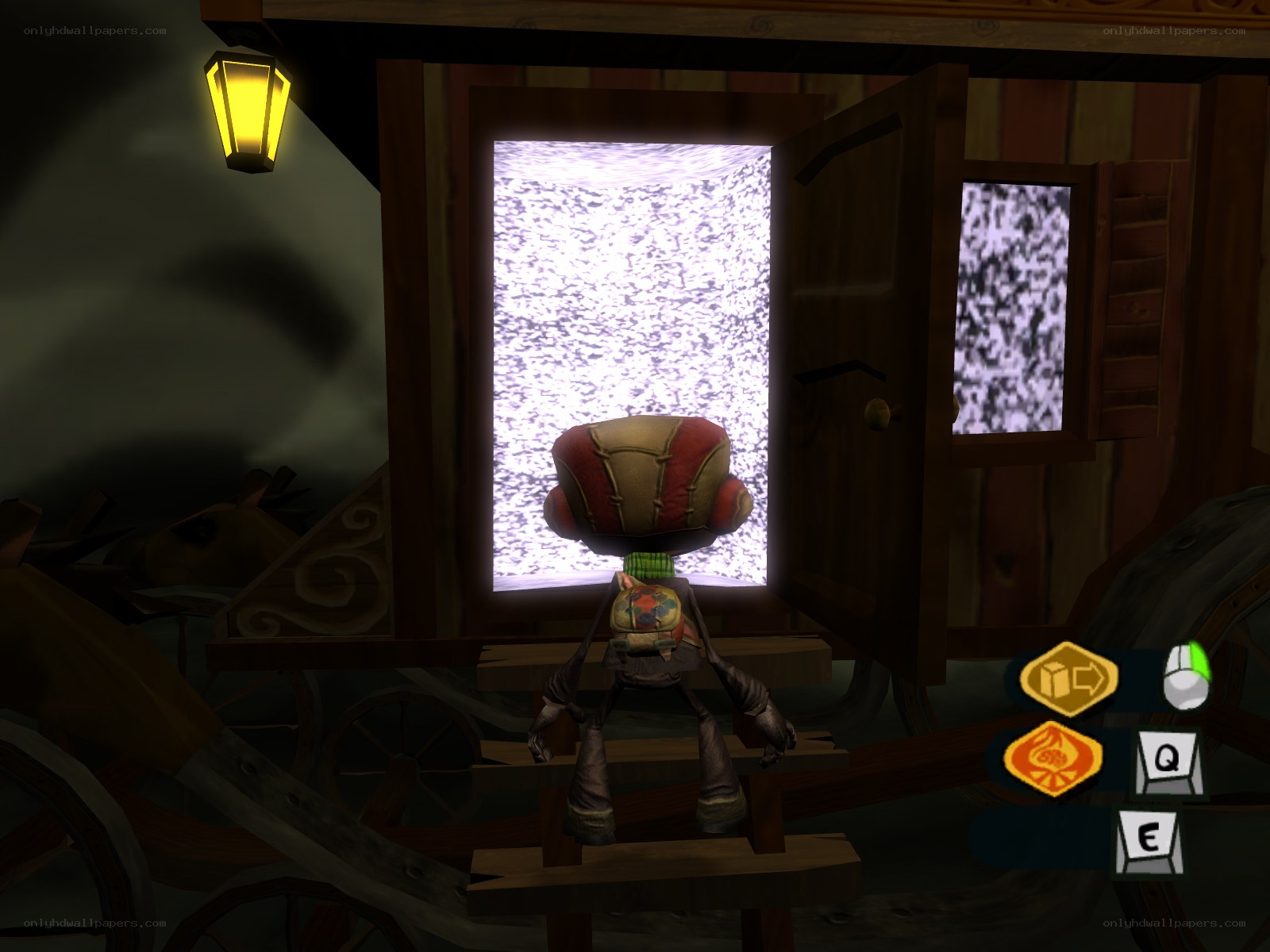 character in a wooden cart