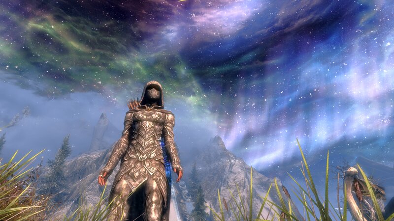character in armor under aurora