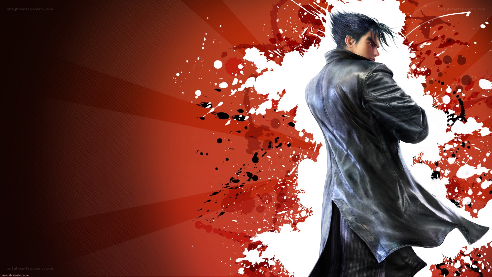 character in black coat with red splatters