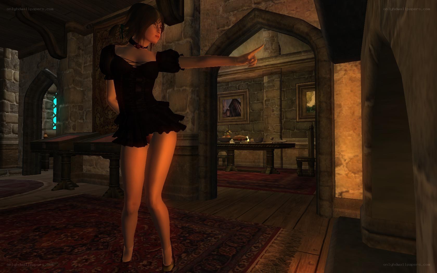 character in black dress pointing