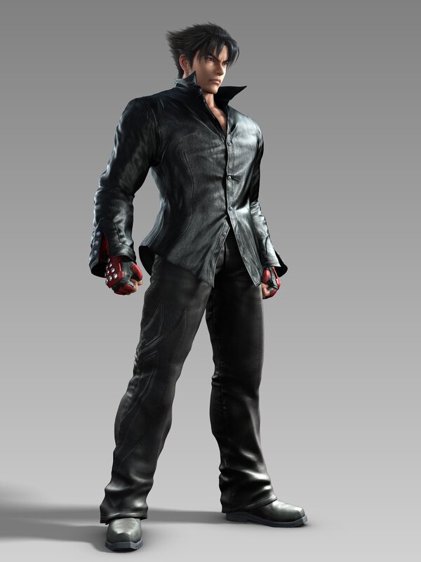 character in black leather outfit