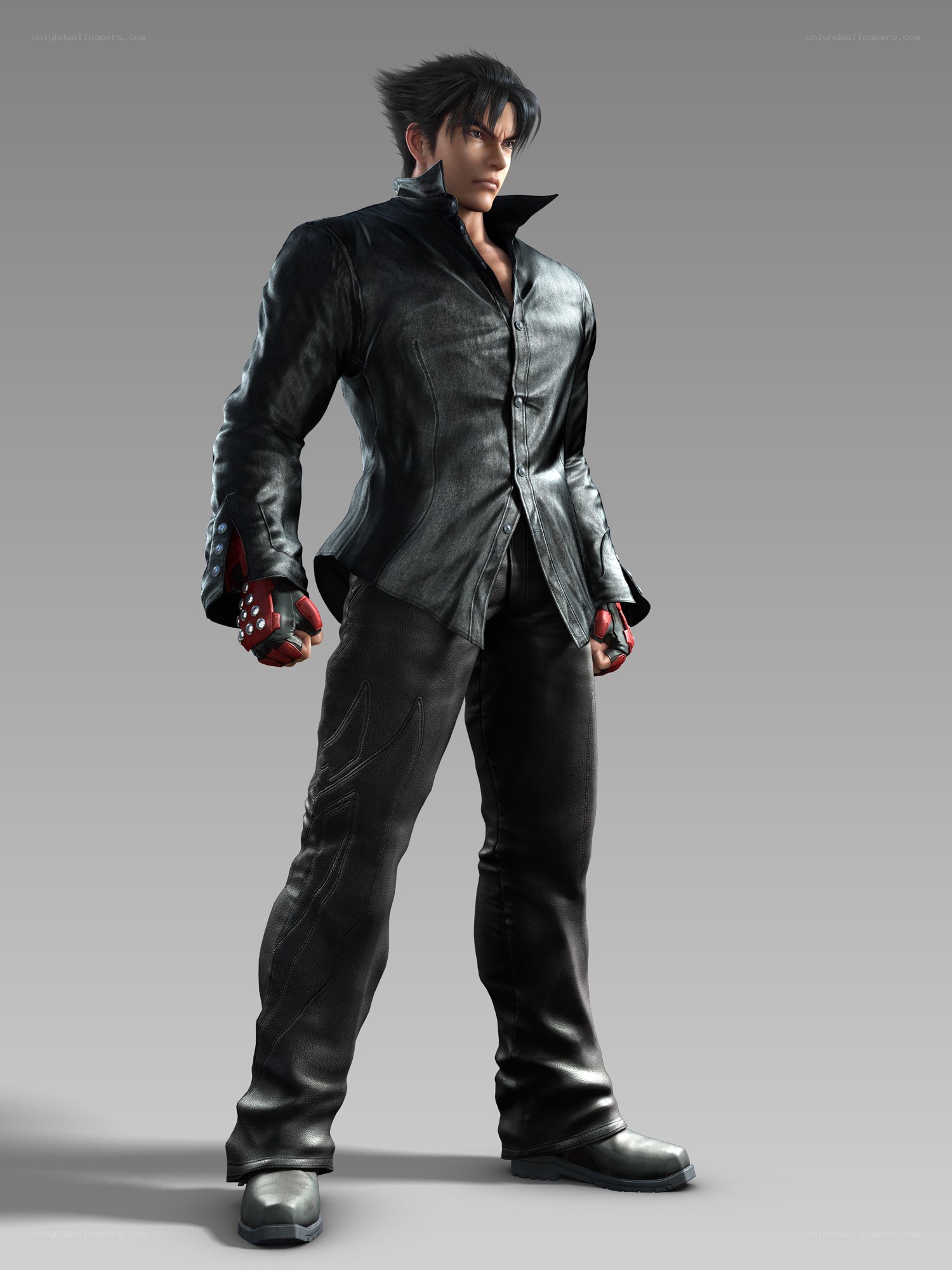 character in black leather outfit