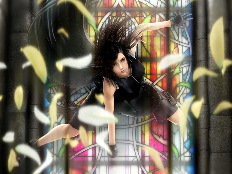 Character in black outfit with stained glass