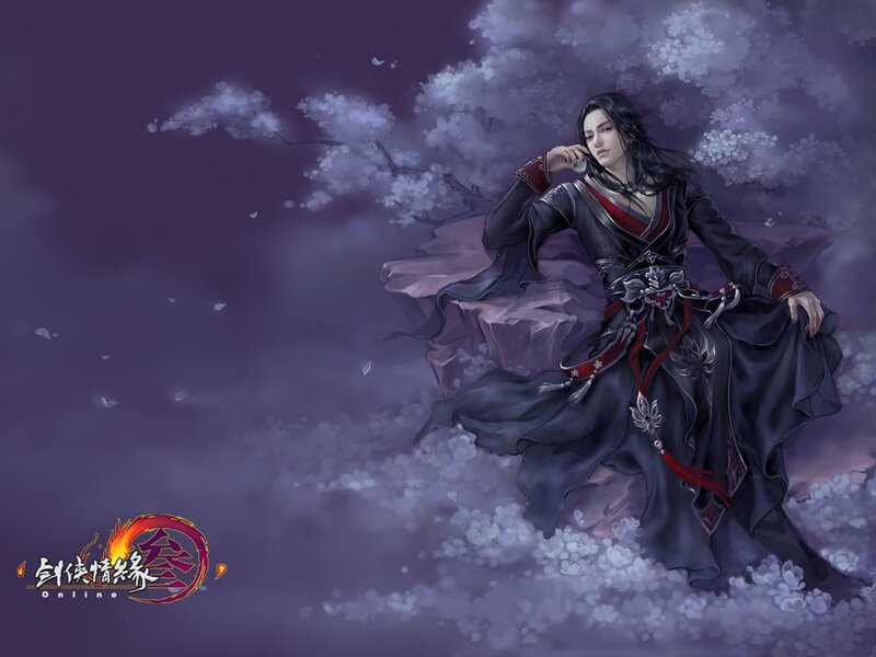 Character in black robes with cherry blossoms