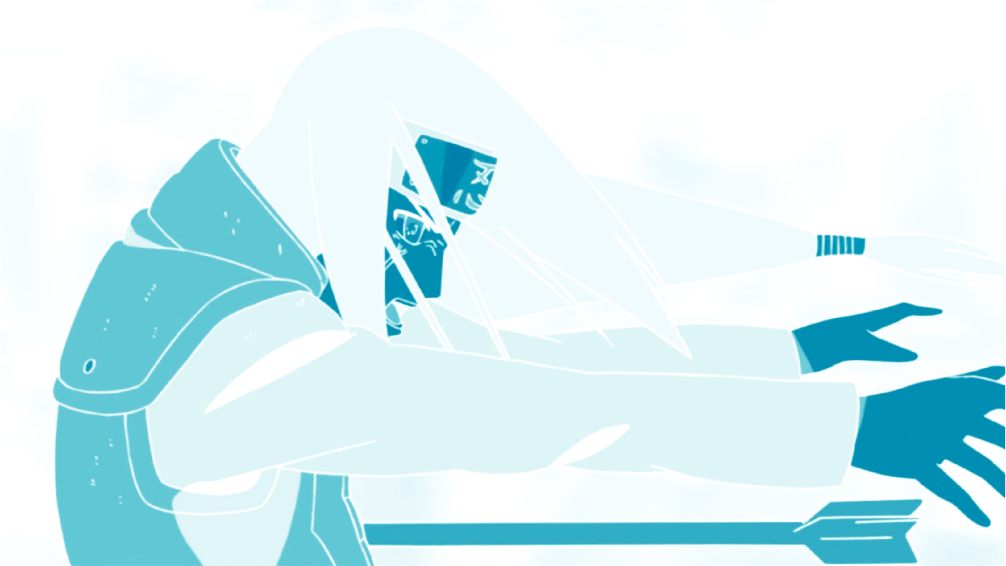 character in blue armor reaching out