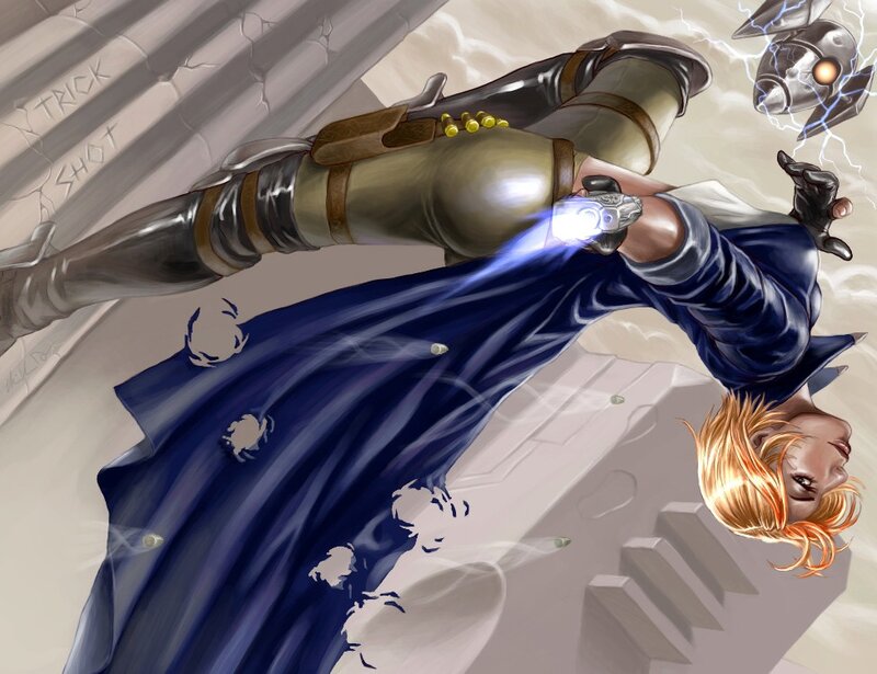 Character in blue cloak falling