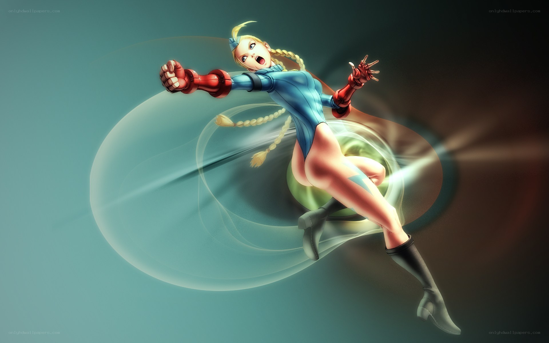 character in blue suit spinning