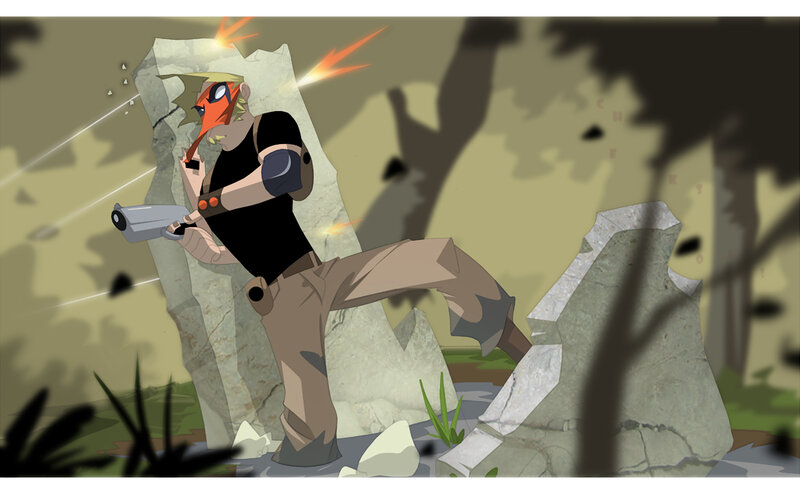 character in combat with gun