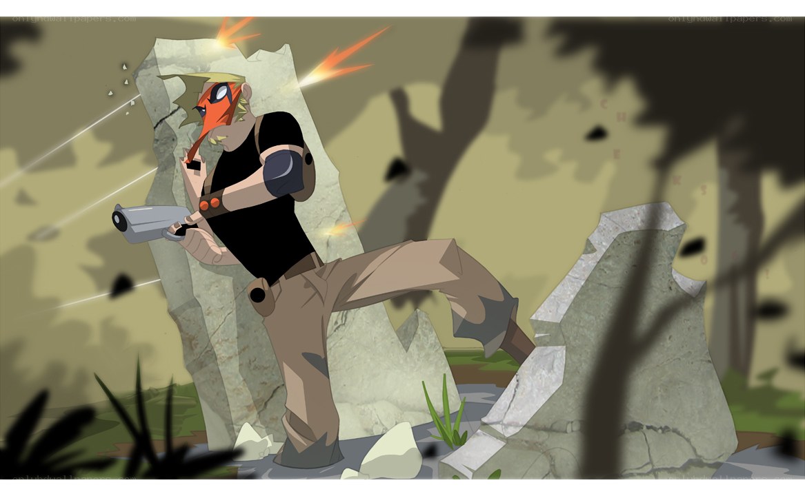 character in combat with gun
