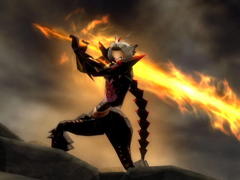 character in dark armor with fire