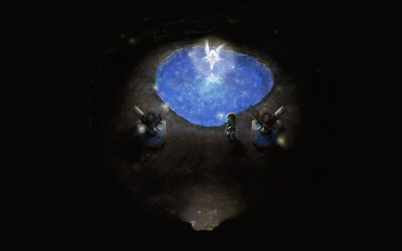 character in dark cave with glowing pool