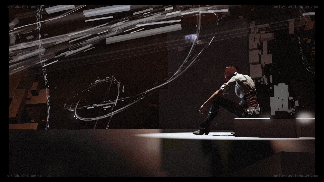 character in dark room with light streaks