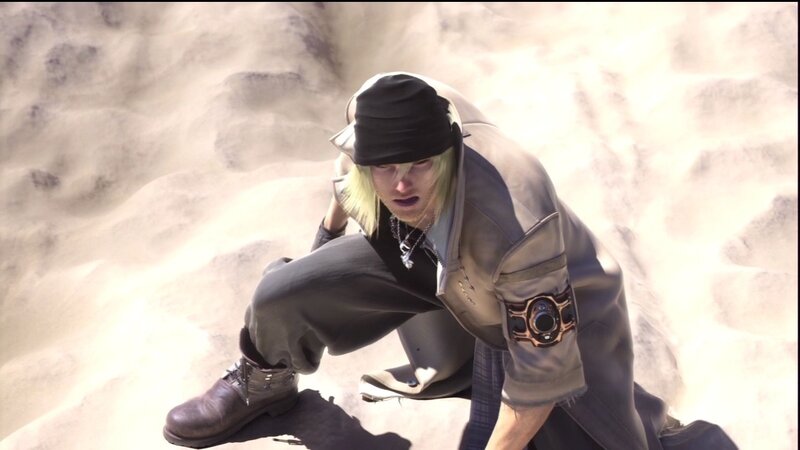 character in desert crouching