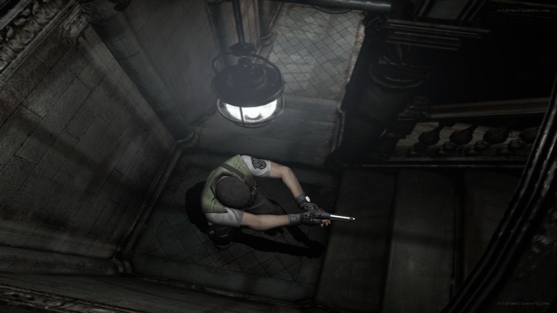 Character in dimly lit stairwell