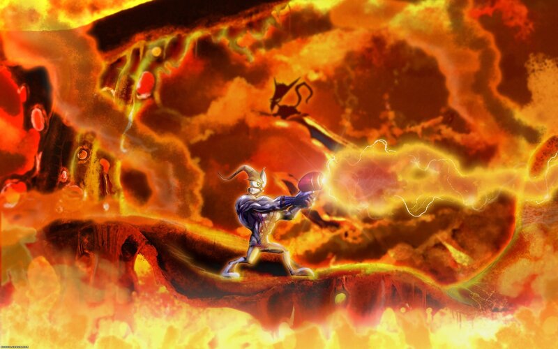 character in fiery landscape