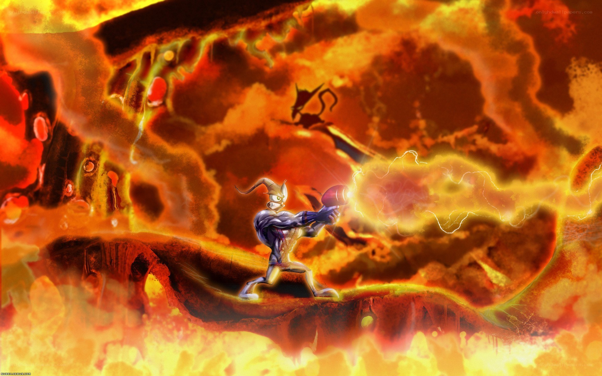 character in fiery landscape