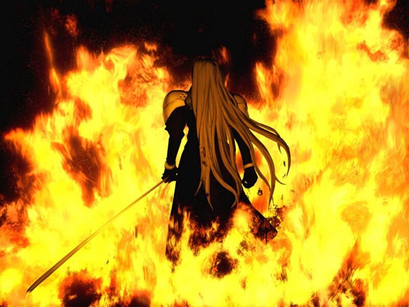 character in fire with sword
