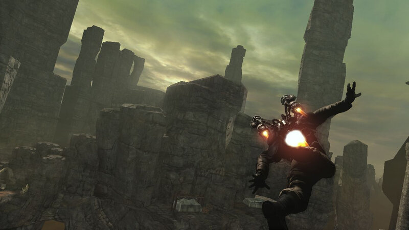character in flight over ruins