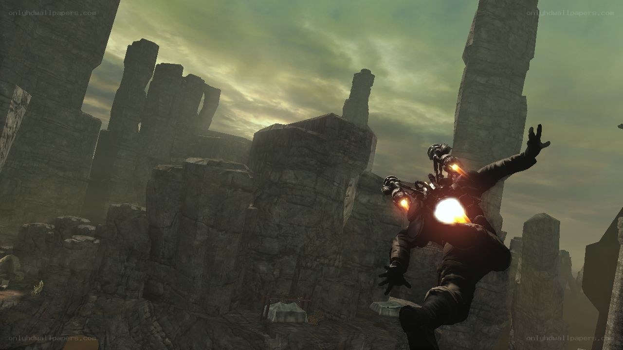 character in flight over ruins