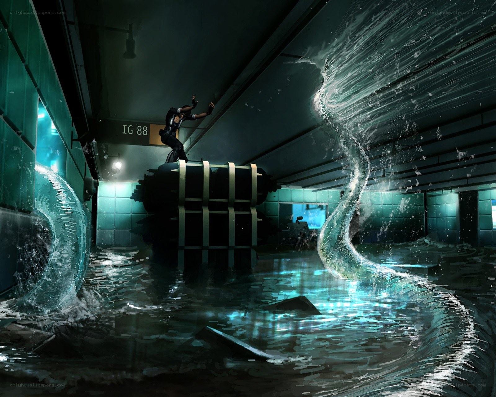 Character in flooded tunnel