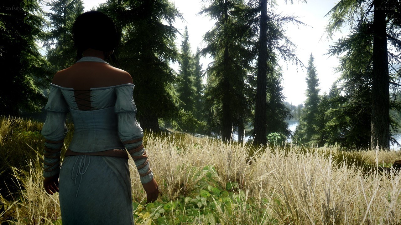 character in forest clearing