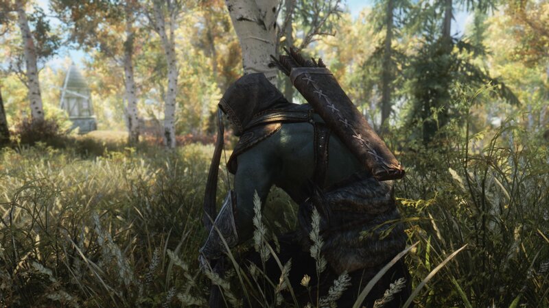 character in forest with bow