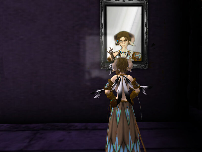 character in front of mirror