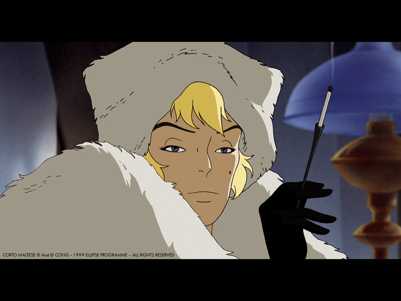 character in fur coat holding cigarette