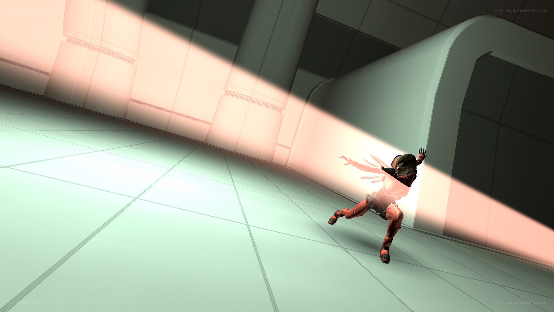 character in futuristic corridor
