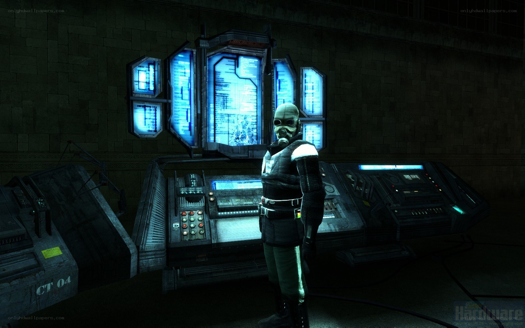 character in gas mask at console