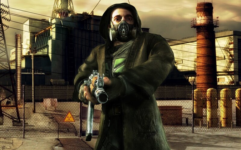 character in gas mask holding gun
