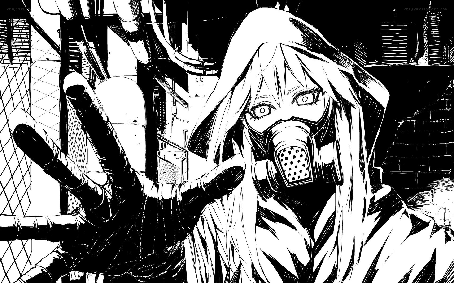 character in gas mask reaching out