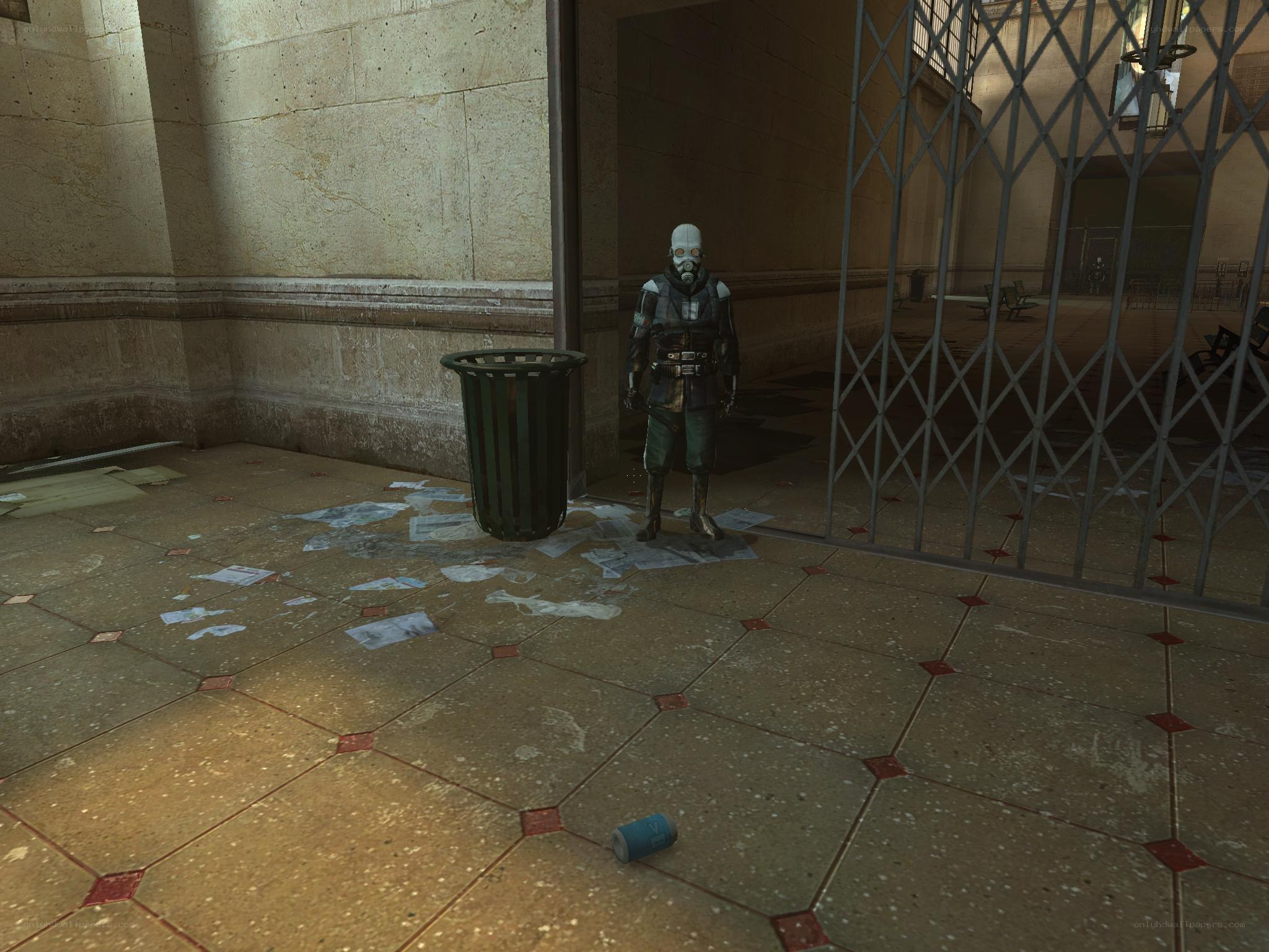 character in gas mask standing