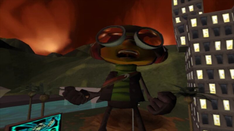character in goggles on rooftop