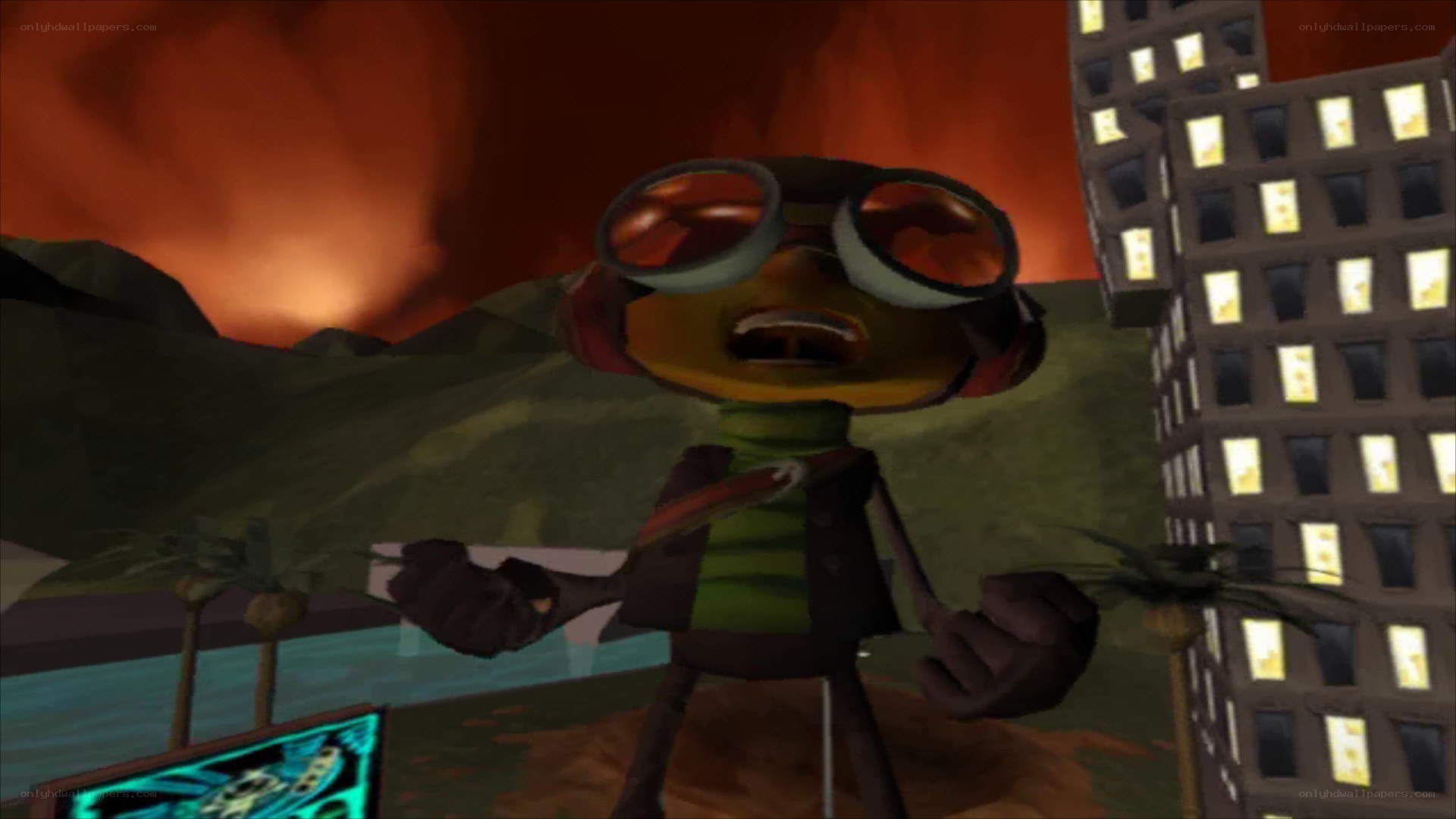 character in goggles on rooftop