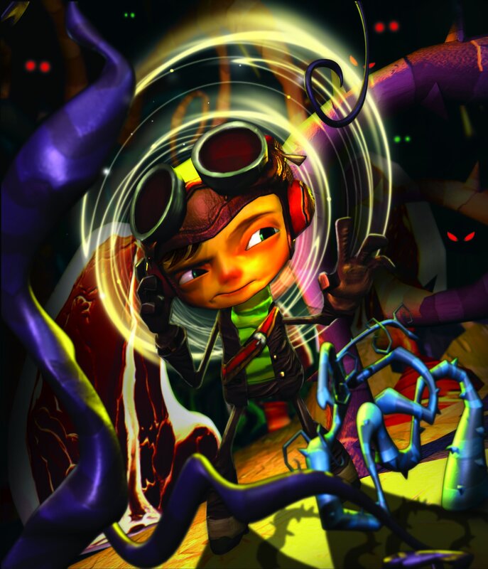 character in goggles with energy aura