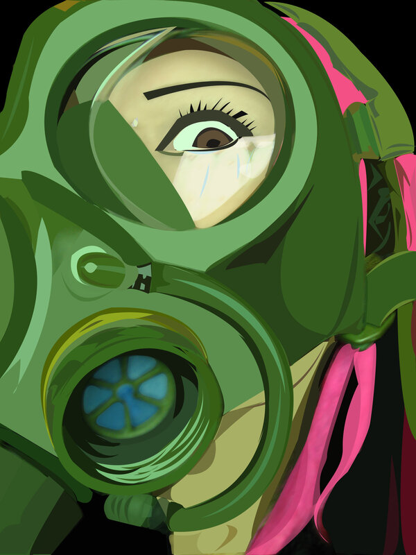 character in green gas mask