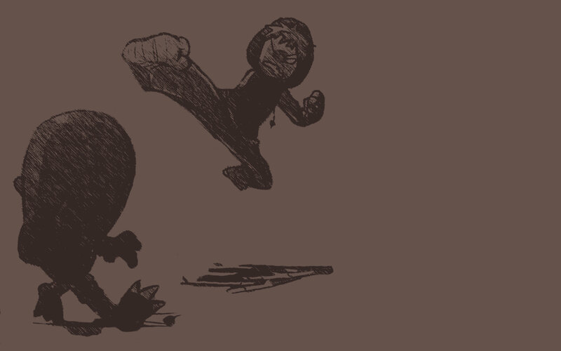 character in mid-air kick