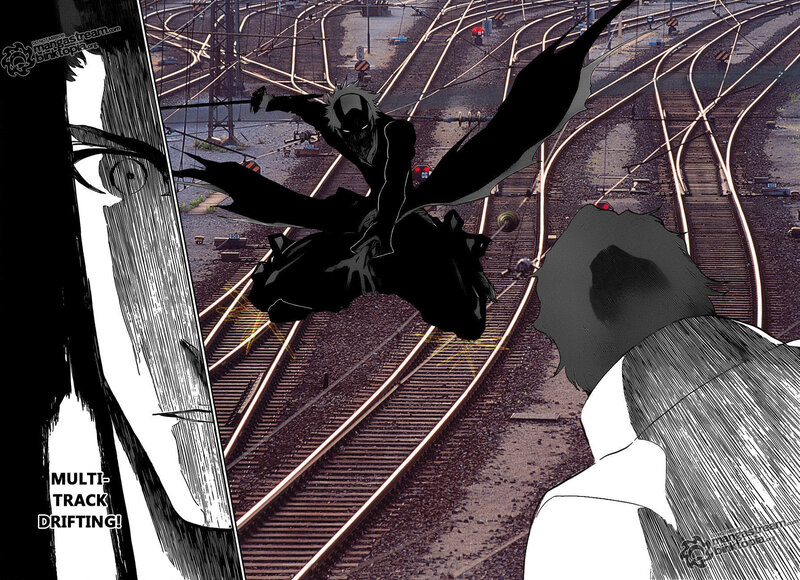 Character in mid-air over train tracks
