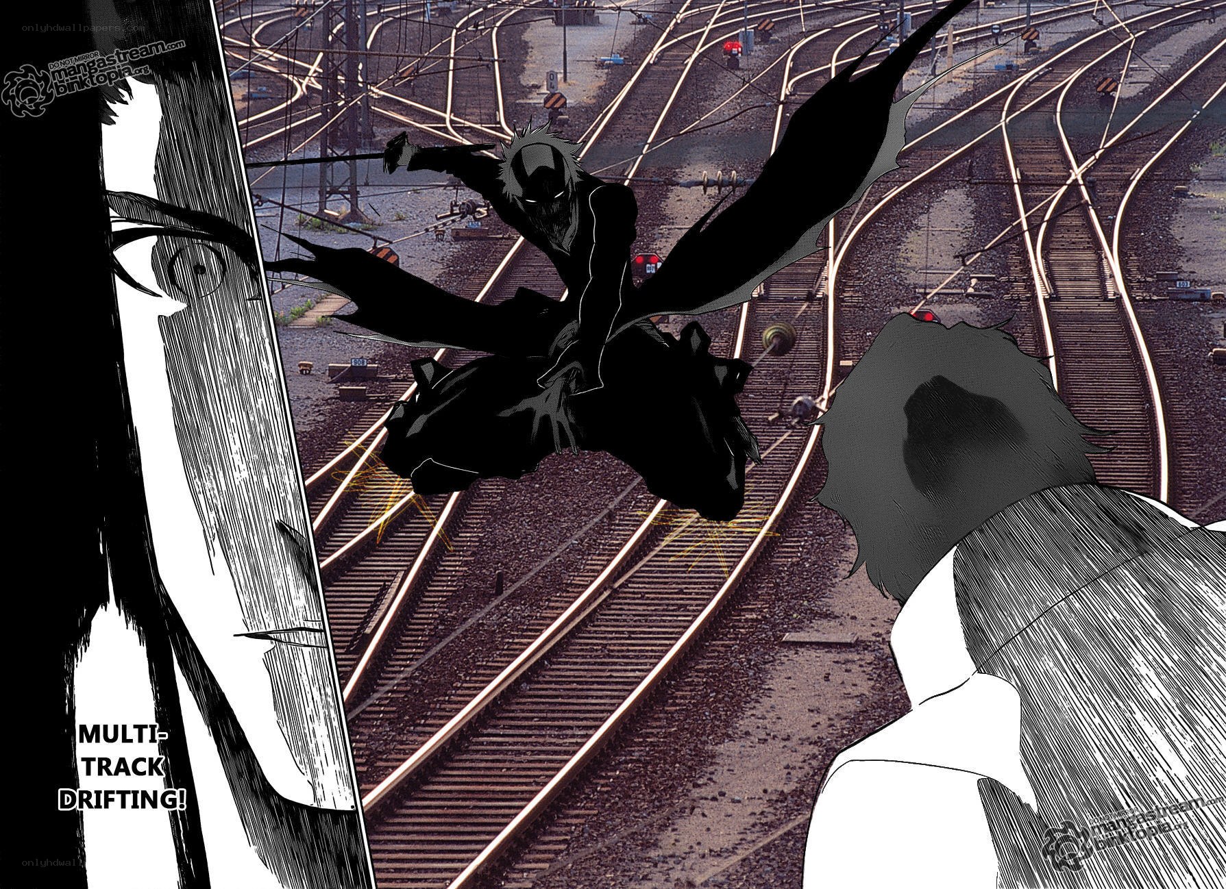 Character in mid-air over train tracks