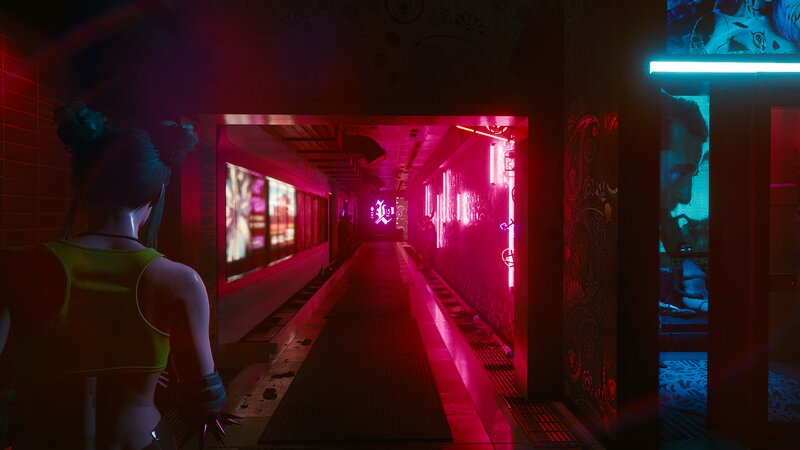 Character in Neon-lit Corridor