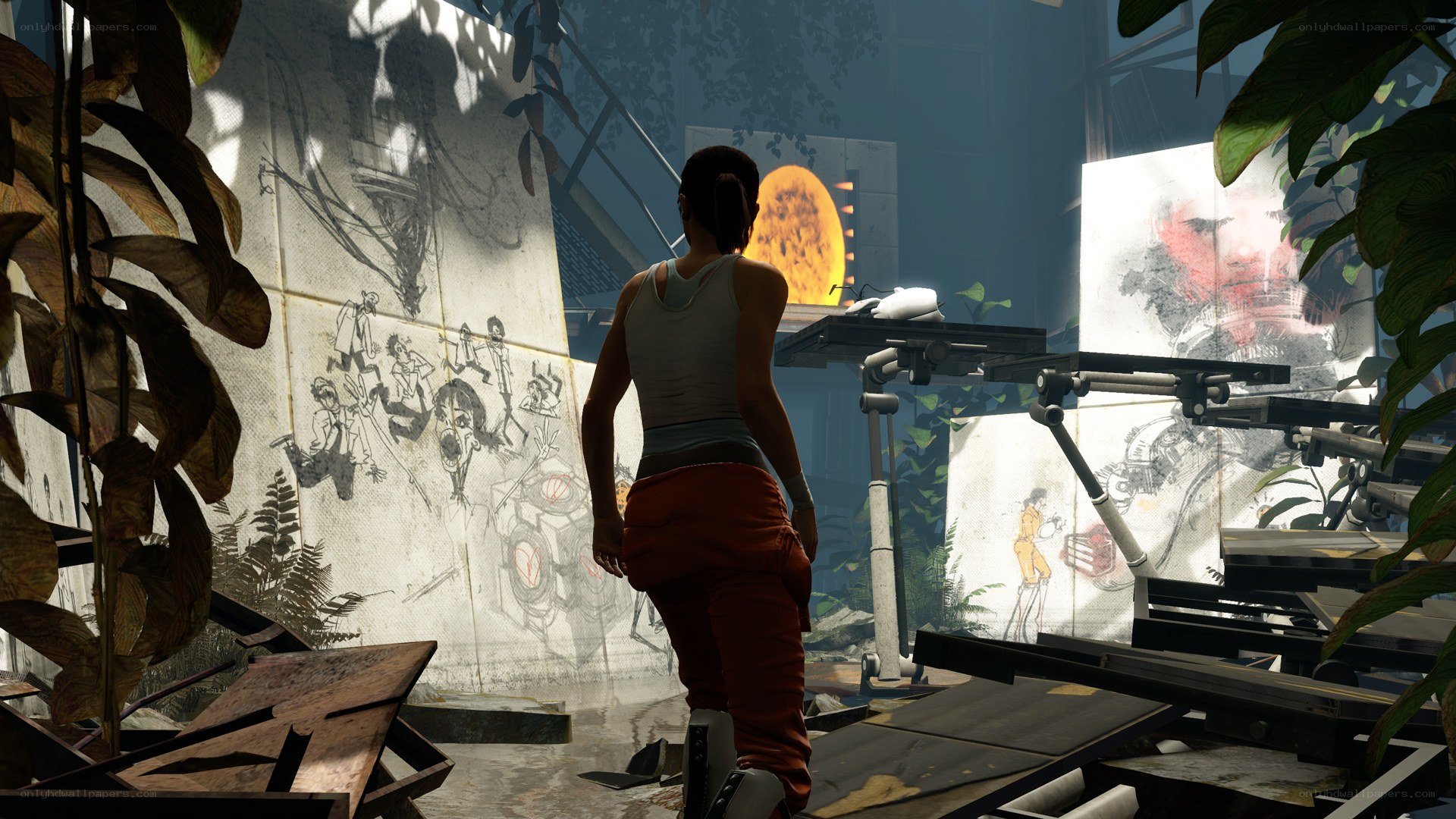 character in orange pants walking