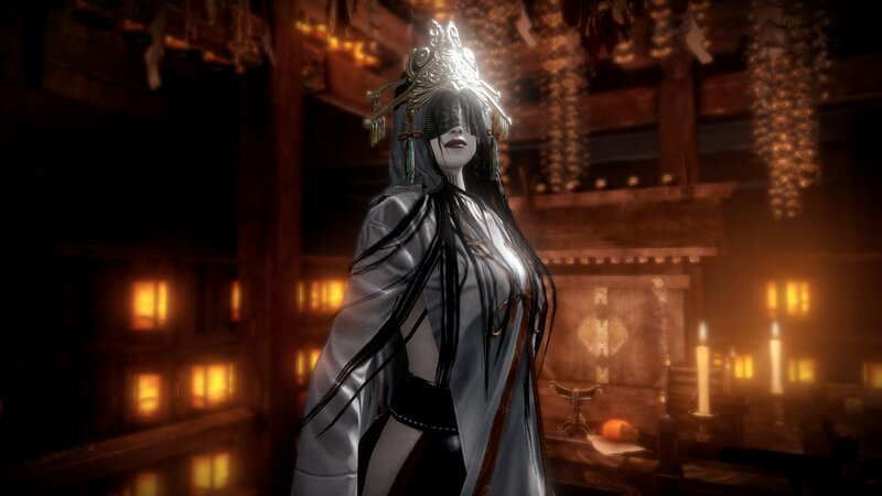Character in Ornate Headdress — Black, Dramatic
