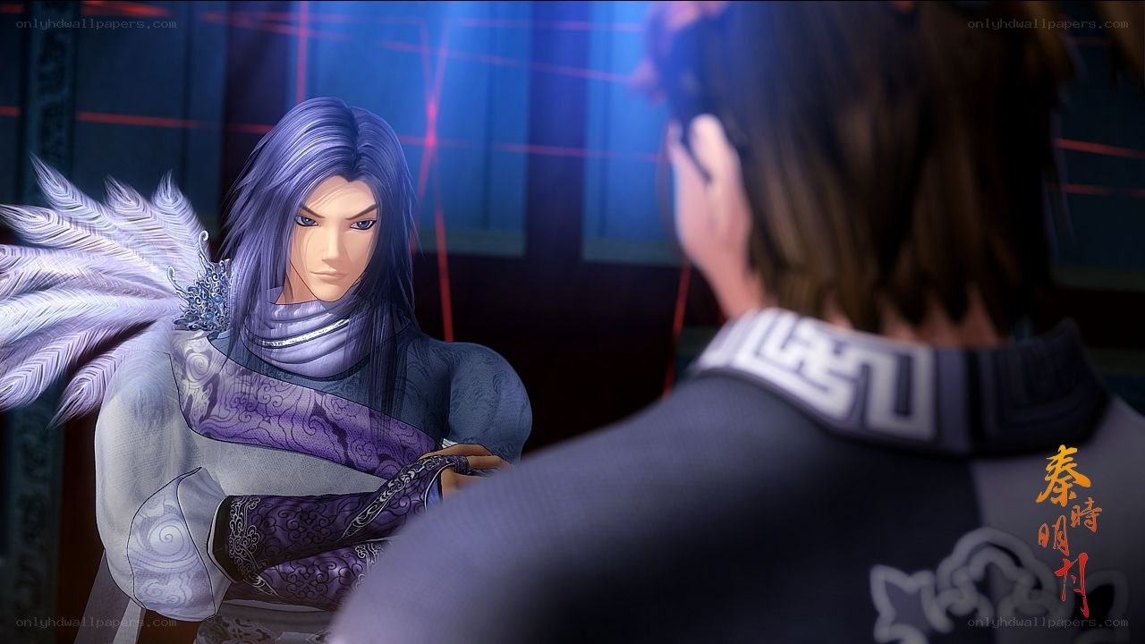 Character in purple and white attire