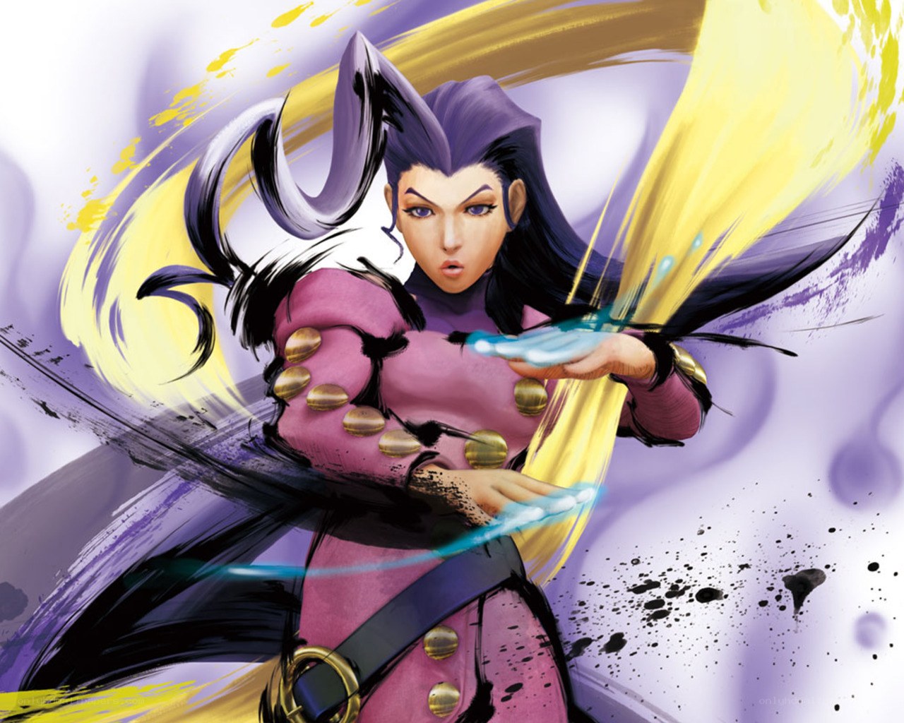 Character in purple outfit with energy attack